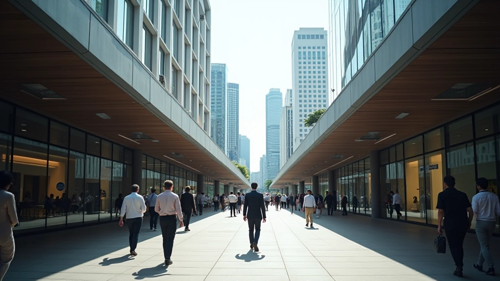 Business professionals walking on modern Singapore street with skyscrapers and covered walkways