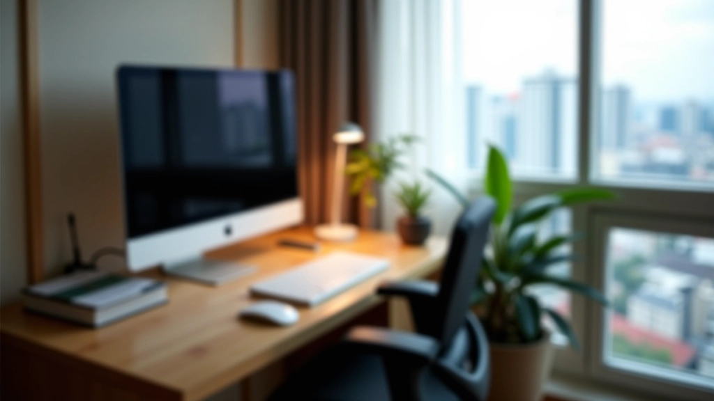 Professional home office setup with desk, ergonomic chair, monitor, and window with natural light overlooking city