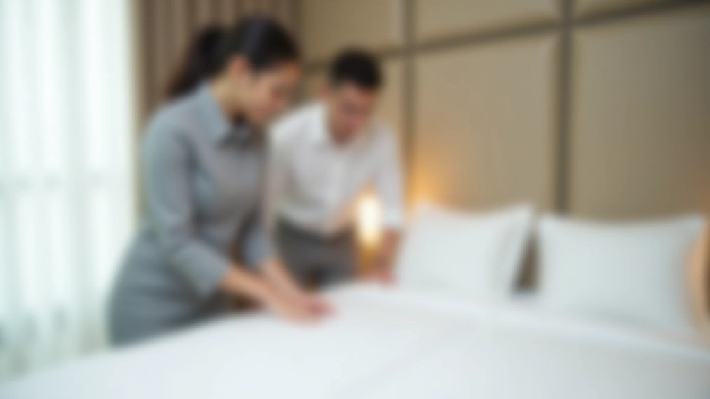 Professional housekeeper preparing fresh linens and cleaning supplies in modern apartment bedroom