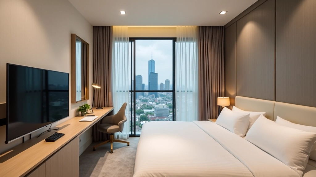 Spacious bedroom with work desk setup in serviced apartment, showing hotel-quality amenities and modern decor
