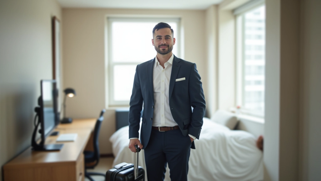 Business traveler in serviced apartment bedroom with workspace and hotel-quality amenities