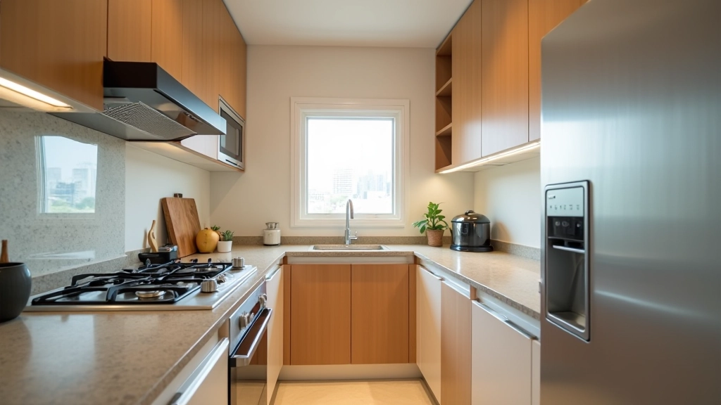 Modern serviced apartment kitchen with full appliances, stainless steel stovetop, and granite countertop