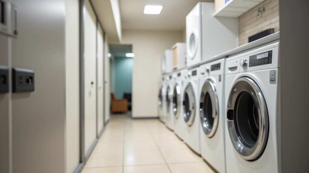 Clean modern laundry room with front-load washing machines, wall-mounted dryer, and bright overhead lighting