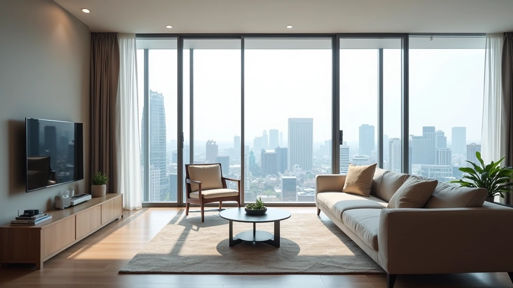 Modern serviced apartment living room with contemporary furnishings and large windows overlooking Raffles Place