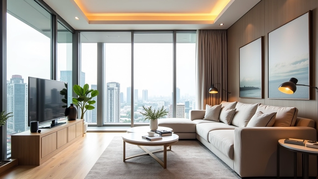 Modern serviced apartment with contemporary furnishings and floor-to-ceiling windows overlooking Singapore skyline