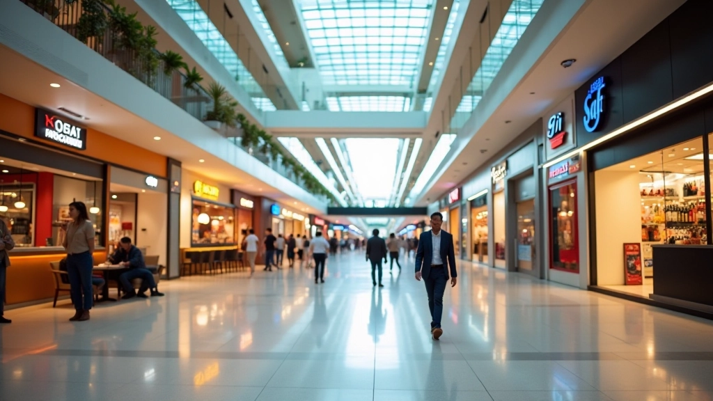 Modern Singapore shopping mall interior with restaurants and retail stores, bright lighting