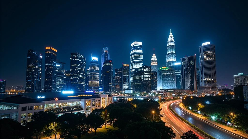 Raffles Place skyline at night showing illuminated financial district and office buildings