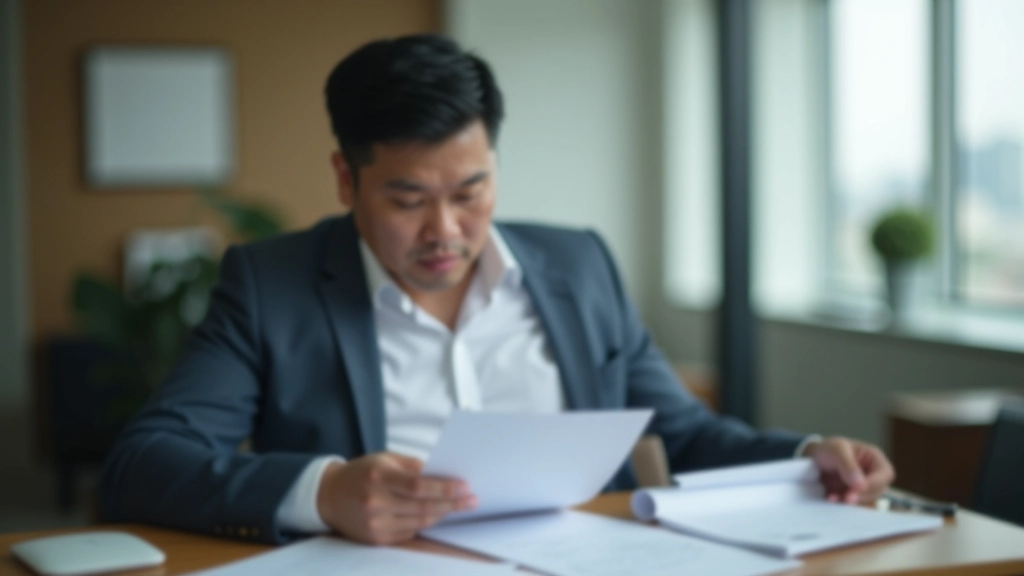Business professional reviewing apartment lease documents at table with pen