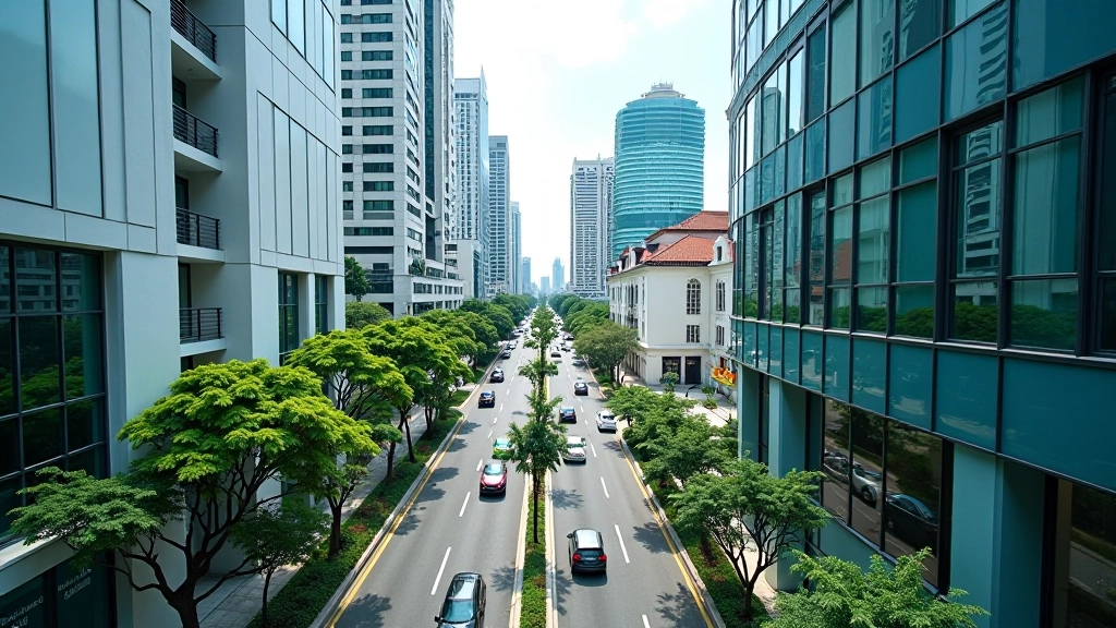 Aerial view of Raffles Place district with modern buildings and street-level activity