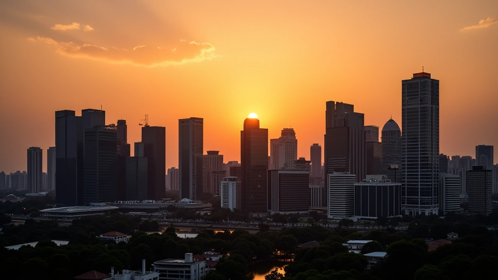 Raffles Place skyline at sunset showing modern office towers and vibrant business district