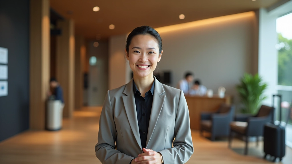 Hotel reception desk with professional staff assisting business traveler with luggage