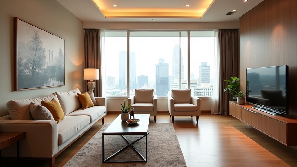 Modern apartment interior with comfortable seating and natural light from windows