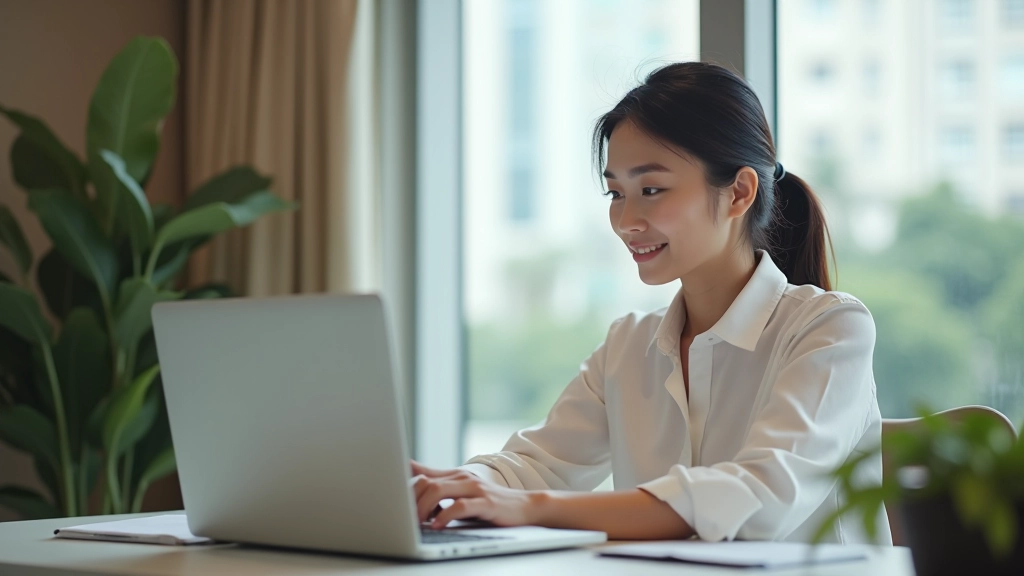 Business professional on video call at desk with laptop, professional lighting, and minimalist home office background