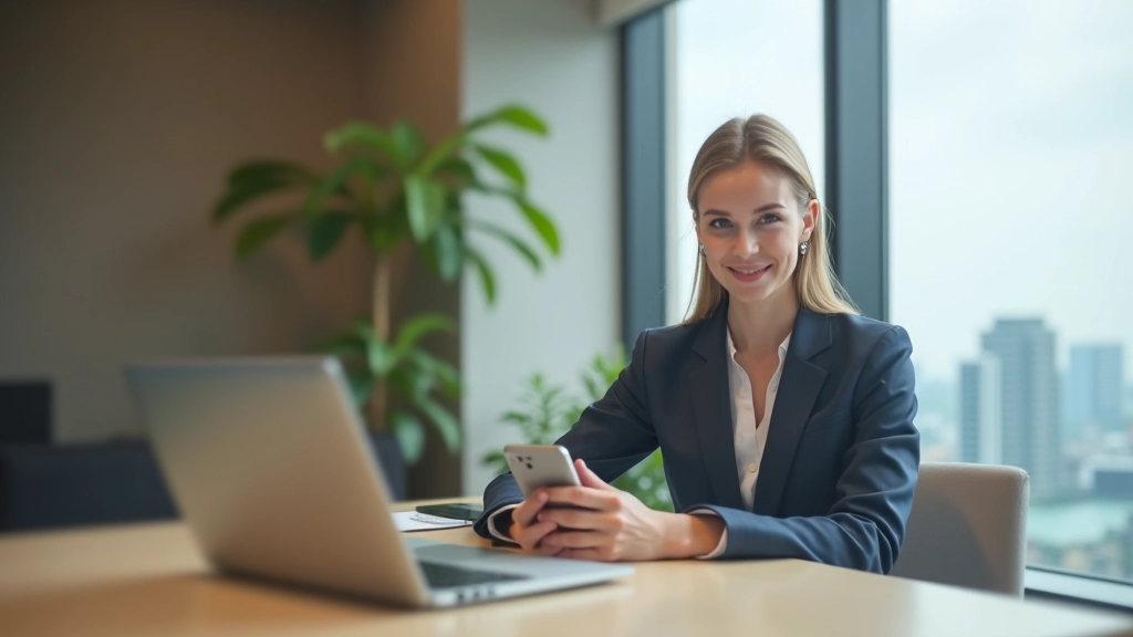 Business professional using smartphone and laptop for communication in modern apartment workspace
